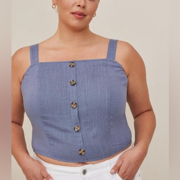 Torrid Linen Blend Button-Front Crop Tank in light steel blue - Picture 1 of 12